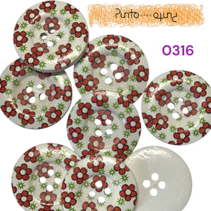 Bottoni Legno tondi decoro Fiori su fondo bianco - cod. 0316
